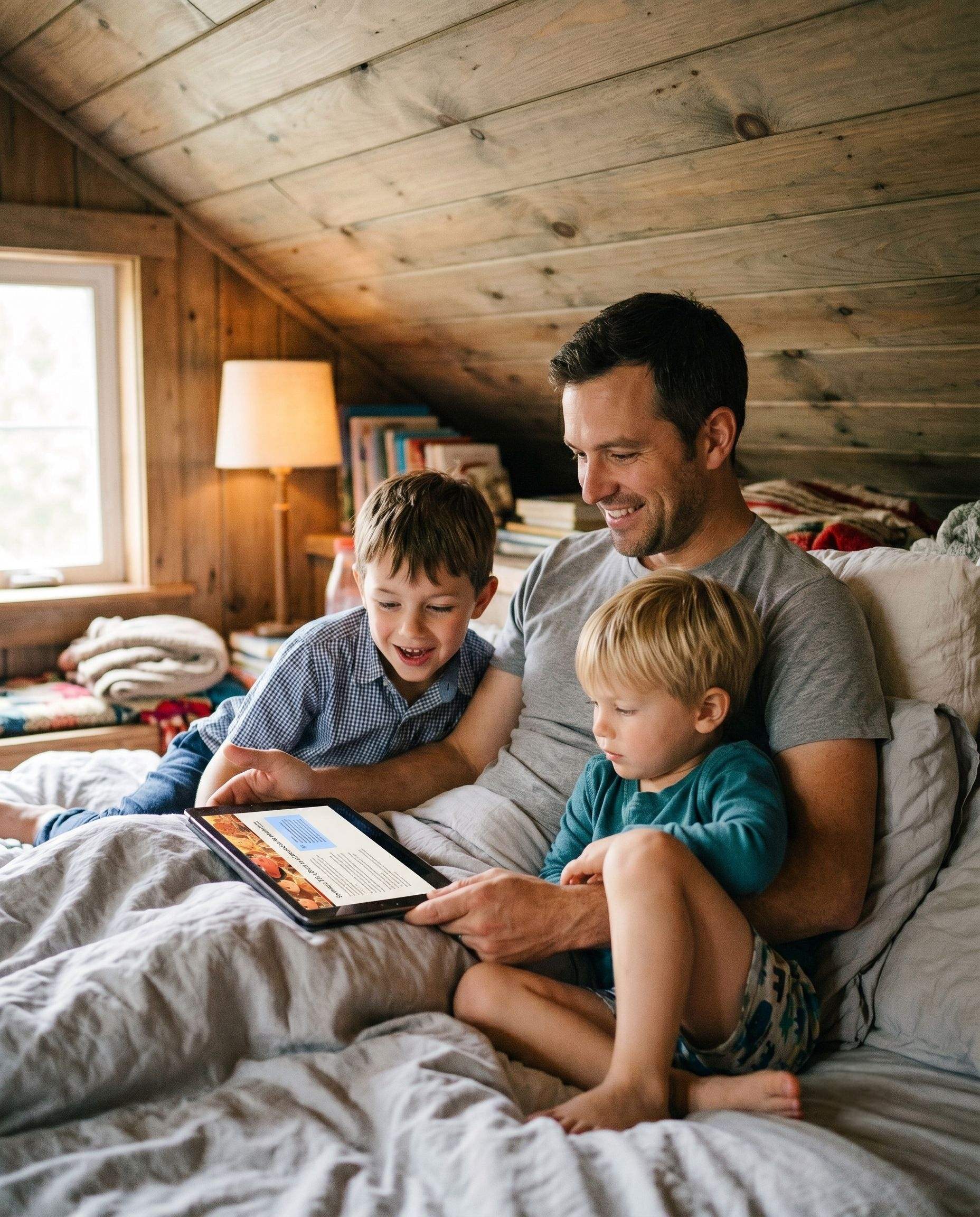Padre con sus dos hijos leyendo en el tablet acostados en la cama