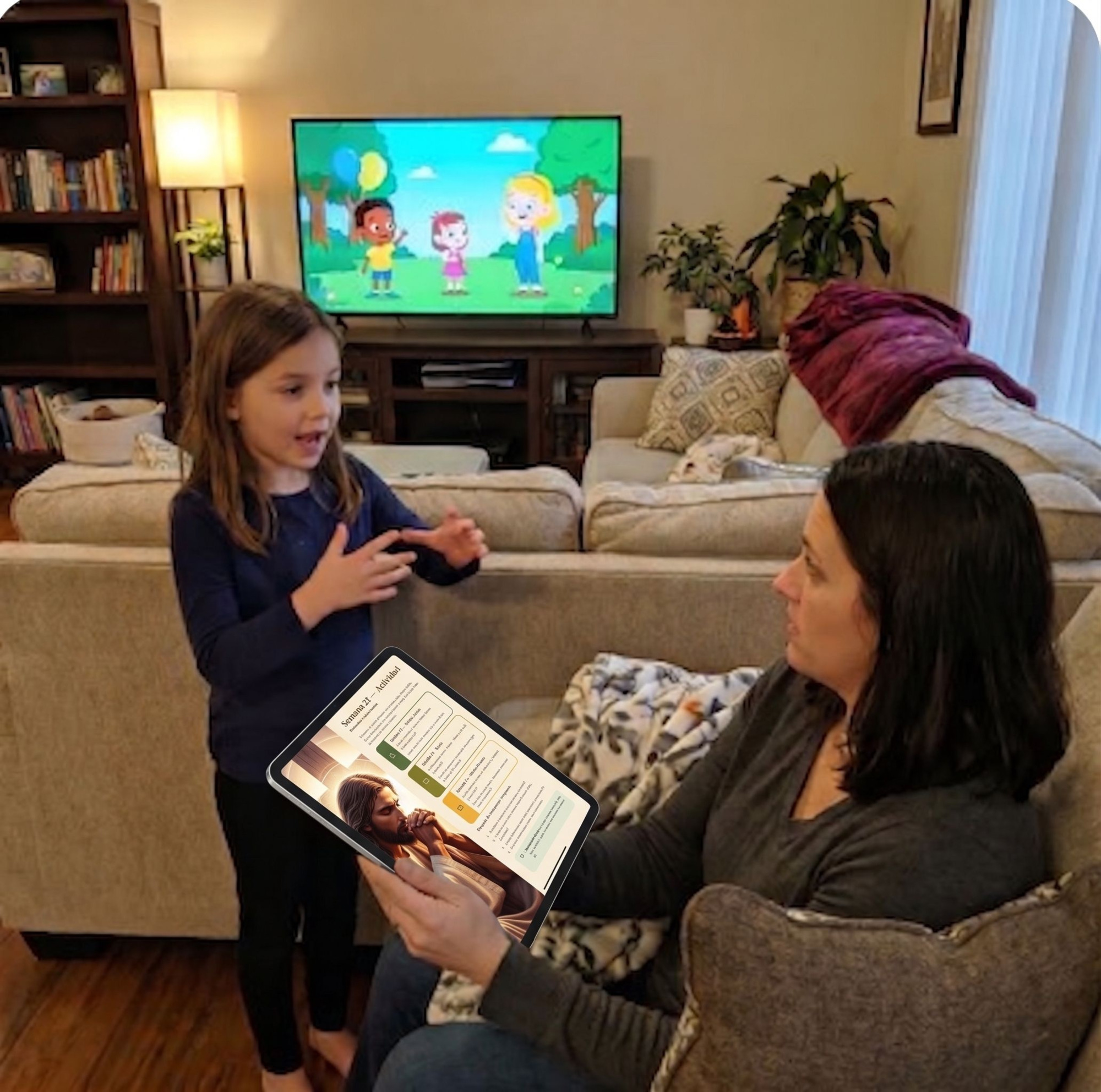 Madre con su hija mirando el cuaderno en el tablet en el sofá